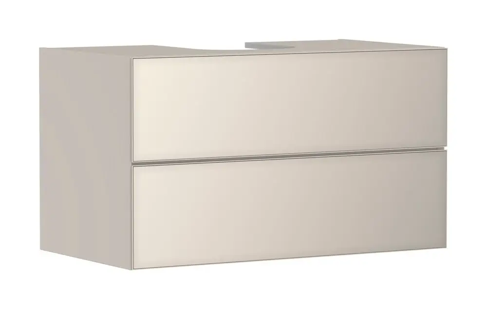 Waschtischunterschrank von Hansgrohe in sandbeige Matt mit zwei Schubkästen, geeignet für Konsolen Waschbecken, schlichtes Design.
